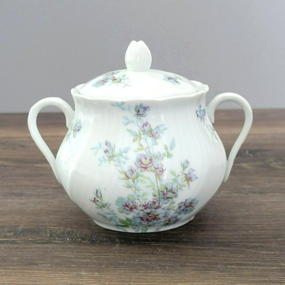 Vintage Bernardaud Limoges Gabrielle Sugar Bowl & Lid, Shabby Chic Blue Floral